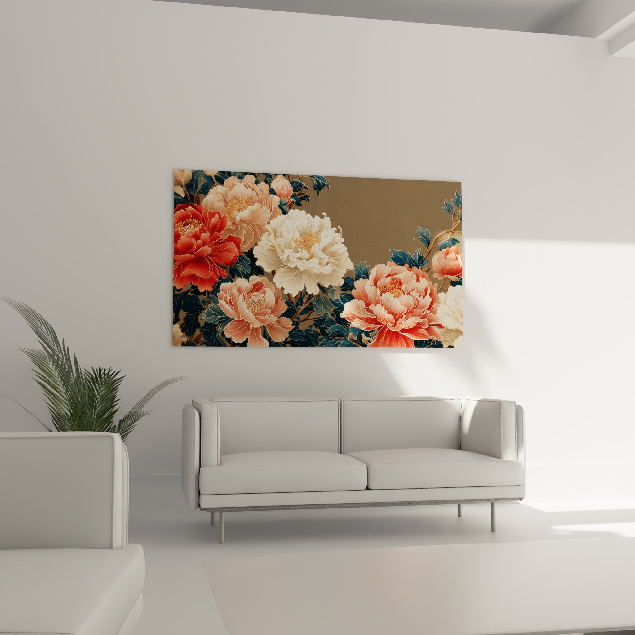Fleurs de pivoine rouge sombre et blanche, feuillage bleu nuit, au-dessus d'un canapé dans un salon lumineux