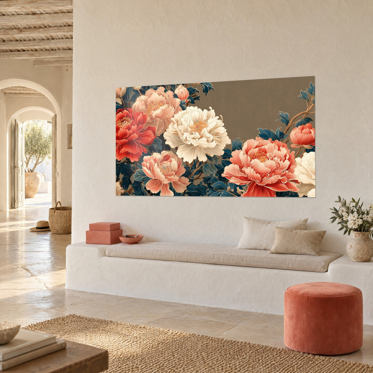 Cuadro ramo de grandes flores rojo bermellón y rosa pálido, follaje azul petróleo, vista de tres cuartos en una casa mediterránea
