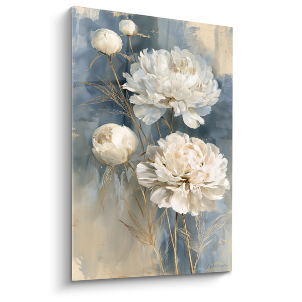 Tableau Pivoines ivoire et bleu ardoise aux tiges dorées filiformes - Boutons ronds jumeaux - Edition Pivoine