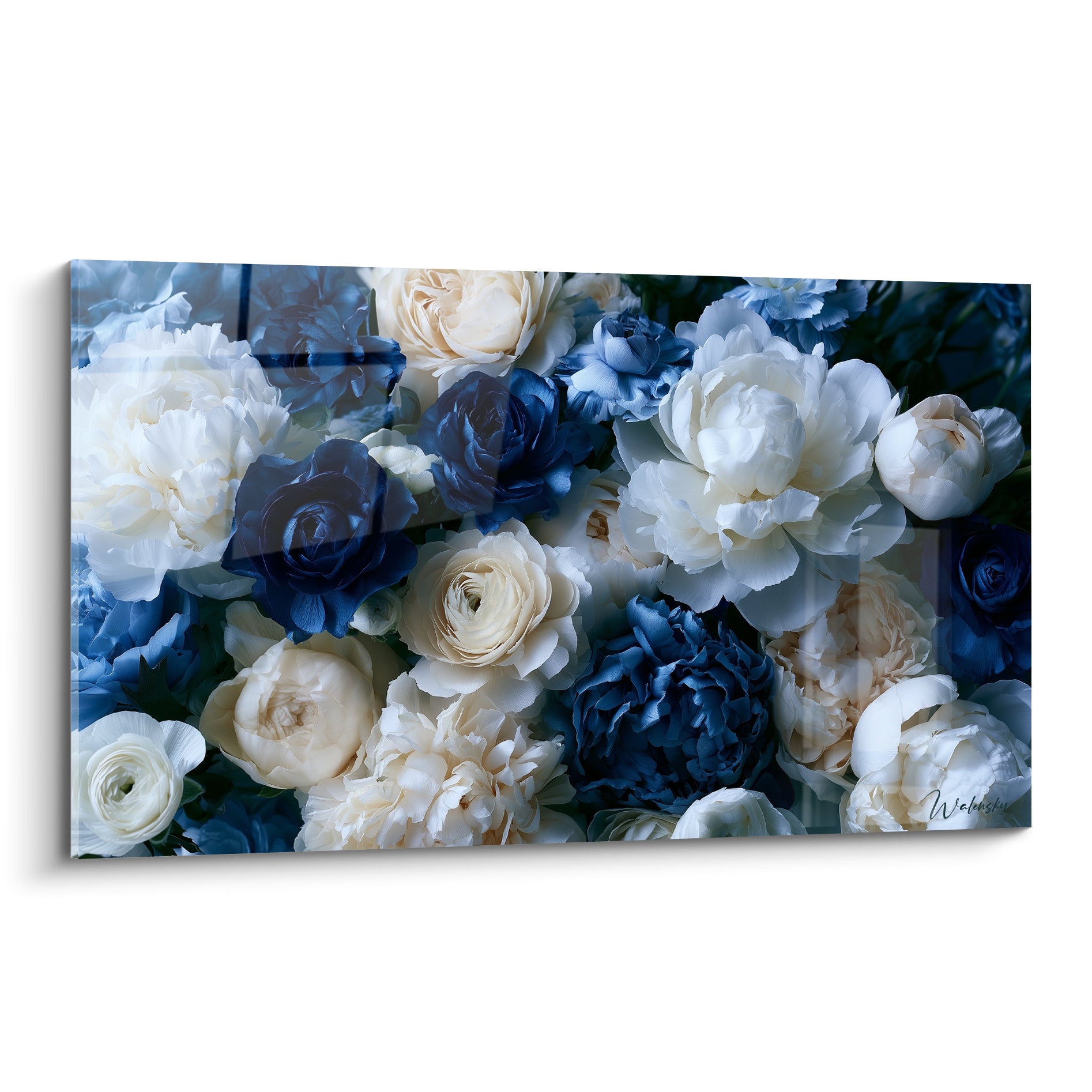 Pivoines bleu marine et ivoire densément assemblées, pétales veloutés et lumière douce
