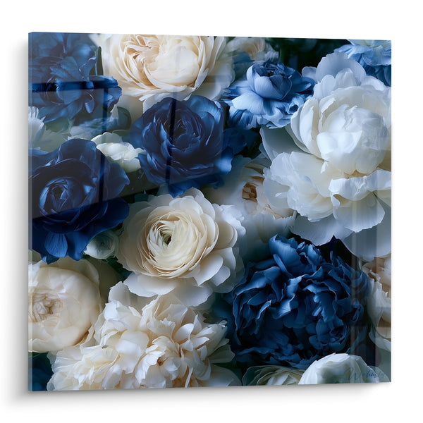 Tableau Pivoines bleu marine et ivoire épanouies - Bouquet de rosée - Edition Pivoine
