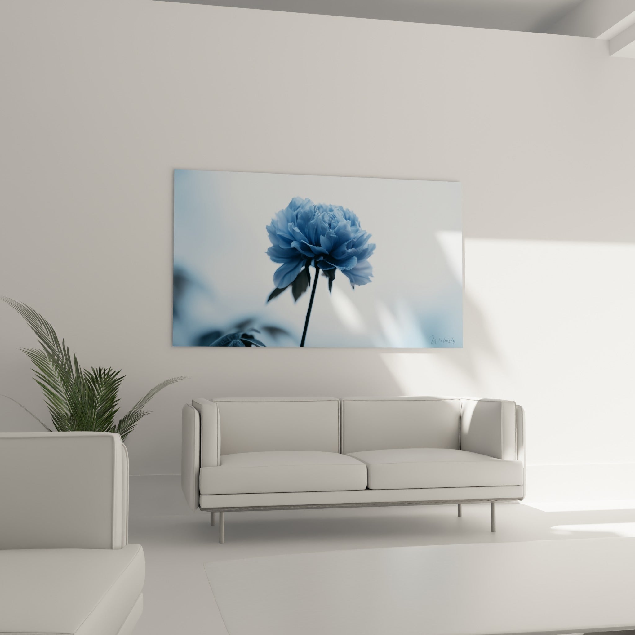 Pétales de pivoine bleu marine et bleu pastel au-dessus d'un canapé dans un salon lumineux