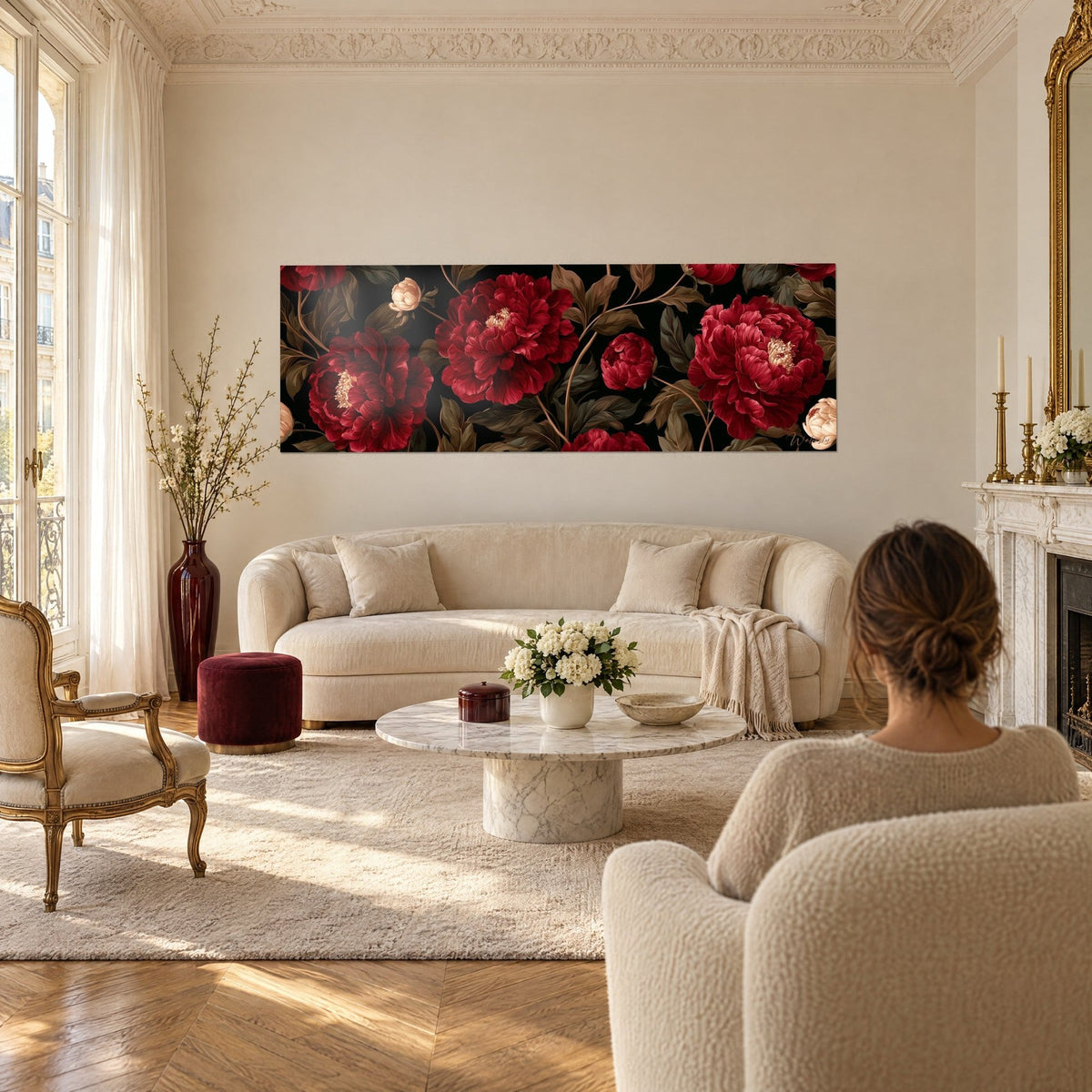 Gemälde mit großen granatroten Pfingstrosen auf schwarzem Grund, braunes Laub und eine cremefarbene Knospe, eine Frau von hinten, über einem Sofa in einem hellen Wohnzimmer