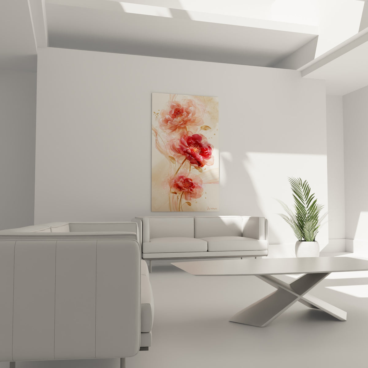 Fleurs de pivoine translucides rose et bordeaux au-dessus d'un canapé dans un salon lumineux