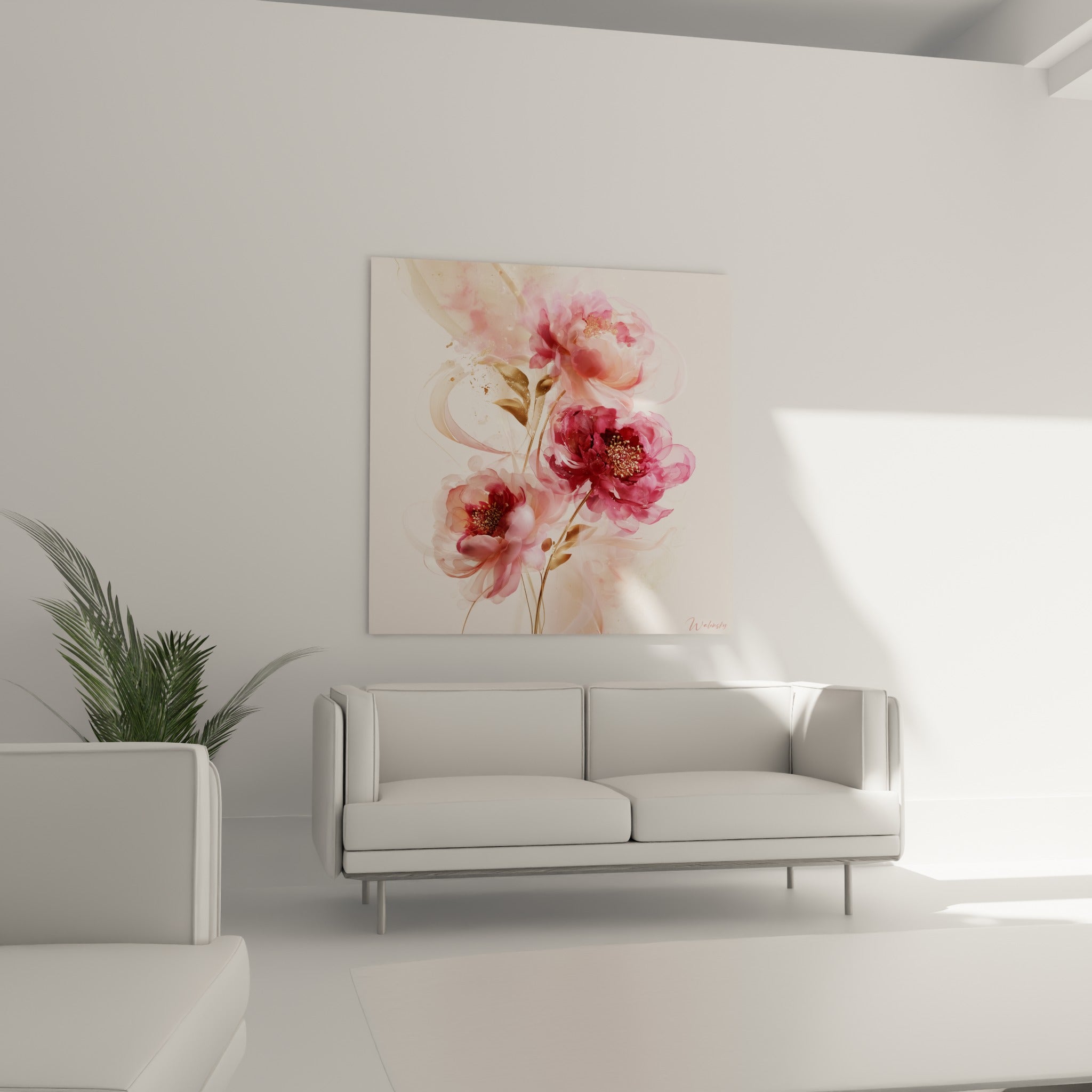 Fleurs de pivoines aux tons roses et dorés au-dessus d'un canapé dans un salon lumineux
