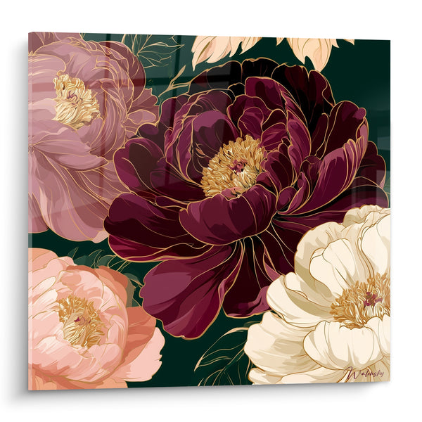 Tableau Pivoines prune et ivoire aux étamines dorées - Bouquet sur fond sombre - Edition Pivoine