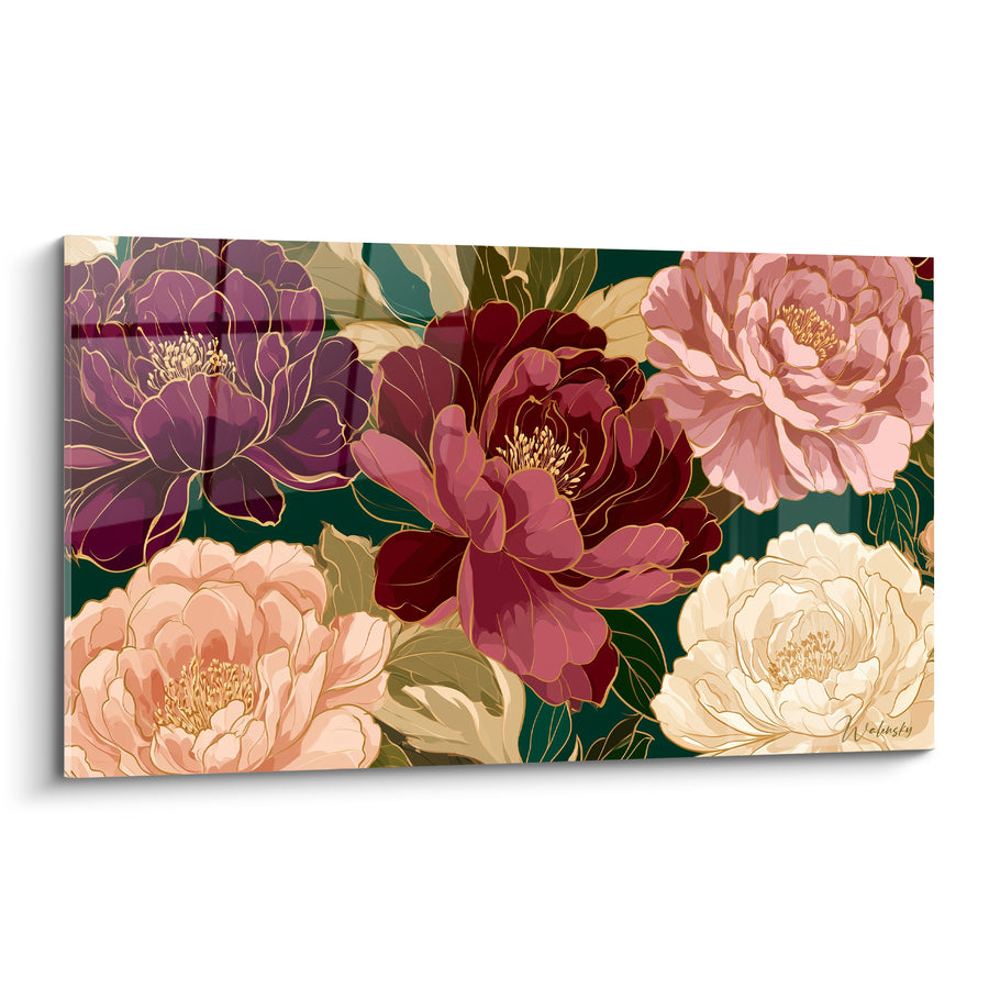 Tableau Pivoines pourpres et bordeaux au fond émeraude - Jardin foisonnant - Edition Pivoine