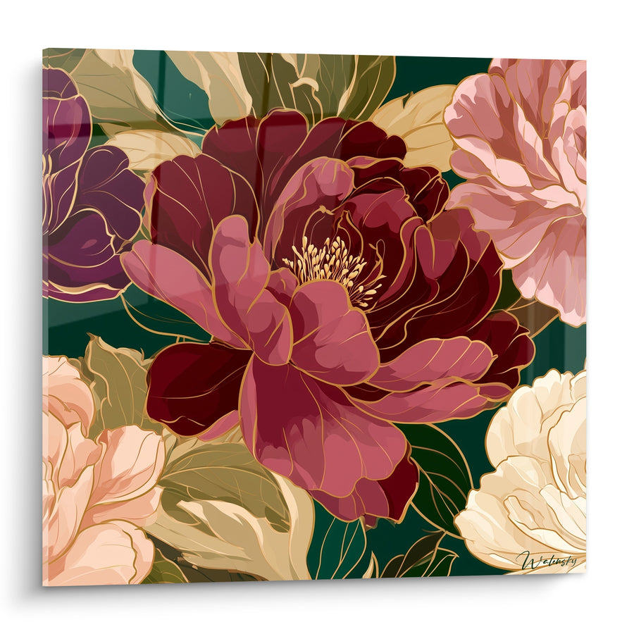 Tableau Pivoine bordeaux et rose aux étamines crème - Feuillage vert sombre foisonnant - Edition Pivoine