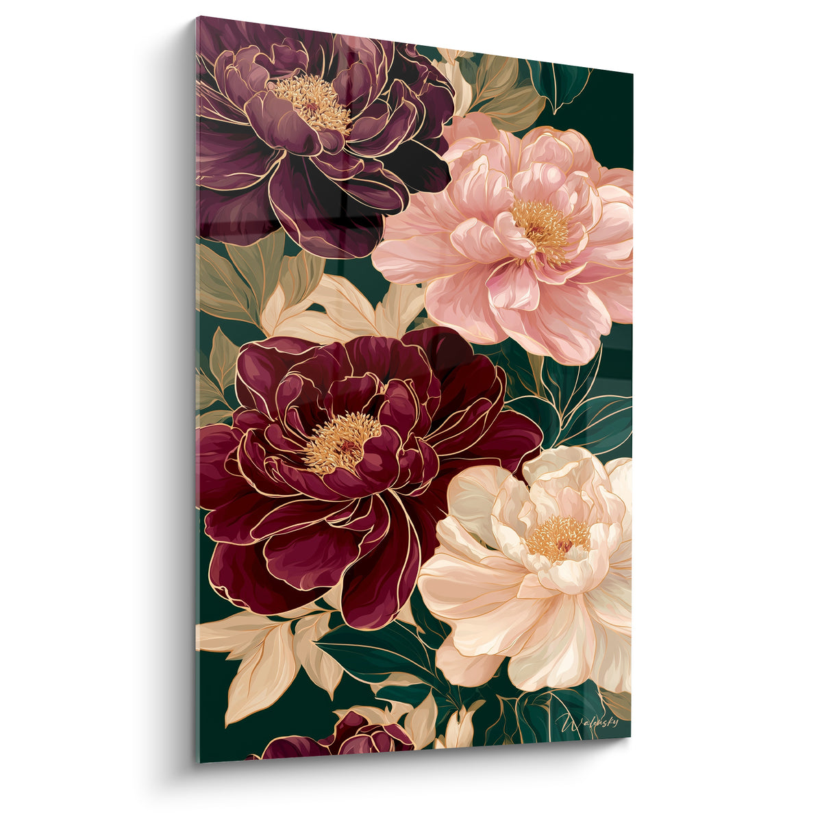 Pivoines bordeaux, roses et ivoire aux liserés dorés sur fond vert émeraude, composition florale dense