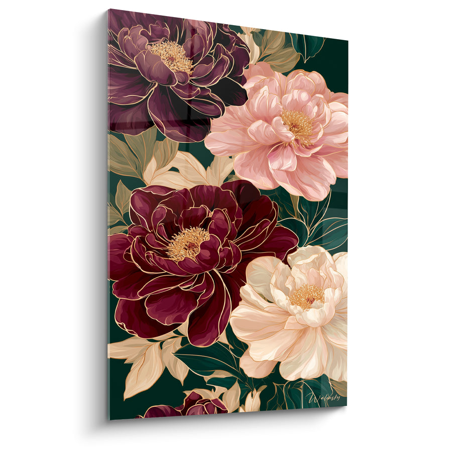 Tableau Pivoines pourpres et roses sur fond émeraude - Éclosion du soir - Edition Pivoine