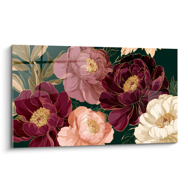 Tableau Pivoines bordeaux et roses sur fond vert sombre - Jardin nocturne épanoui - Edition Pivoine