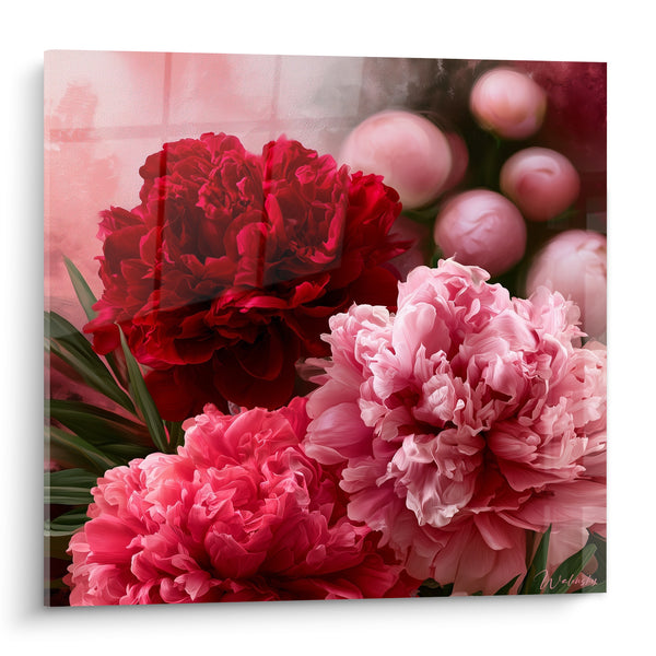 Tableau Pivoines rouge grenat et rose aux boutons ronds - Voile brumeux en fond - Edition Pivoine