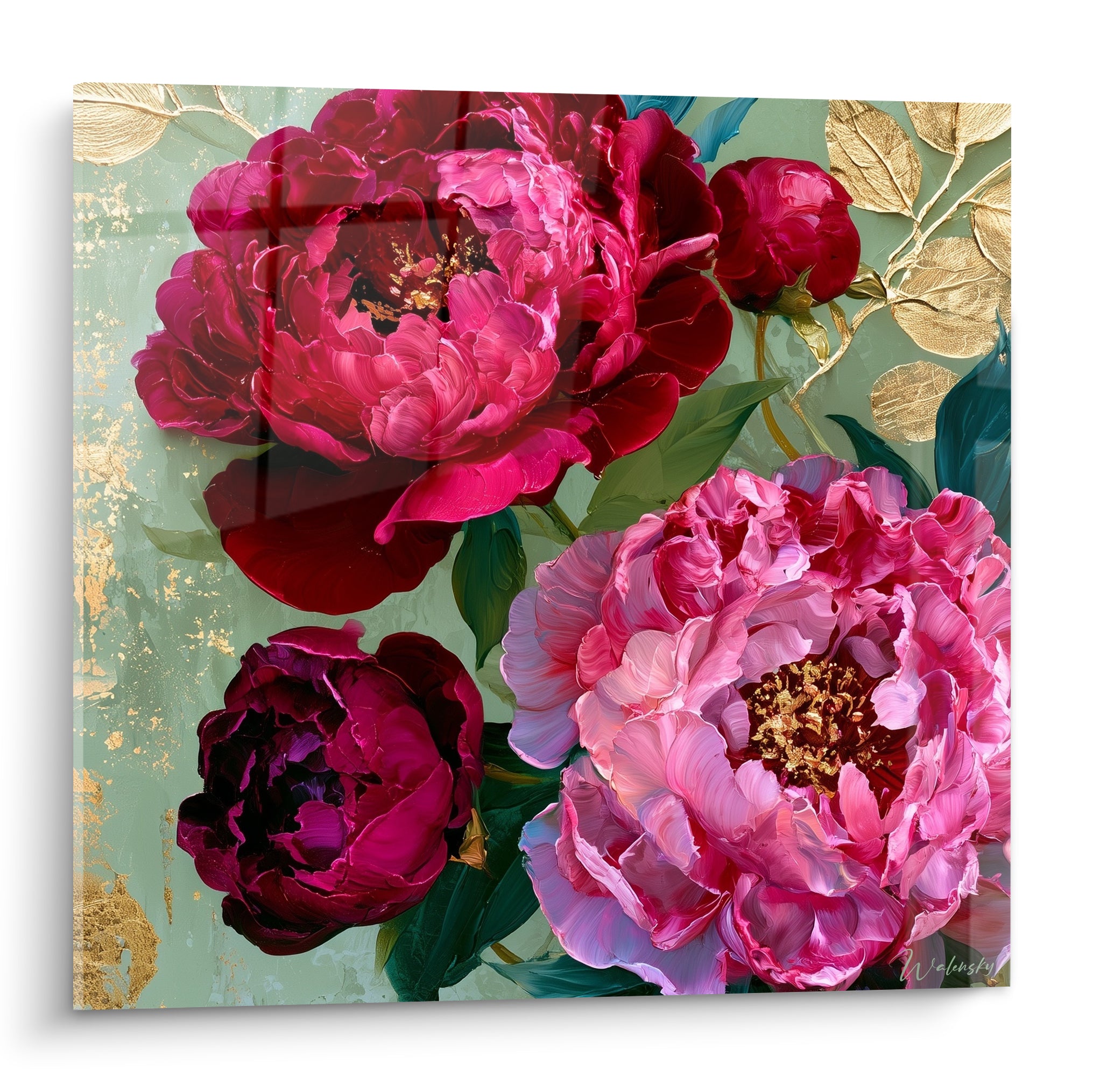 Pivoines bordeaux et roses aux cœurs dorés, peinture florale sur fond vert sauge patiné