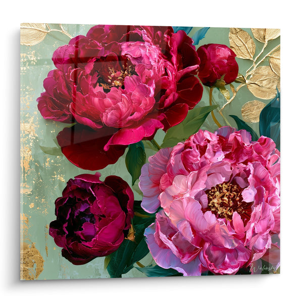 Tableau Pivoines pourpres et roses aux feuilles dorées ciselées - Fond vert amande - Edition Pivoine