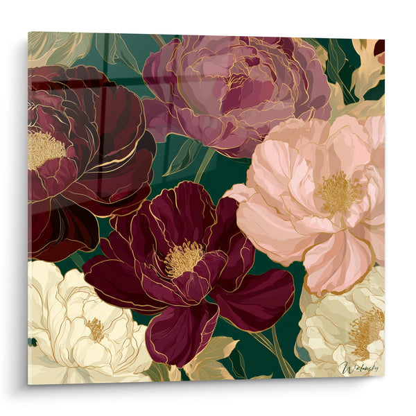 Tableau Pivoines bordeaux et ivoire aux contours filigranés - Bouquet dense fond vert - Edition Pivoine