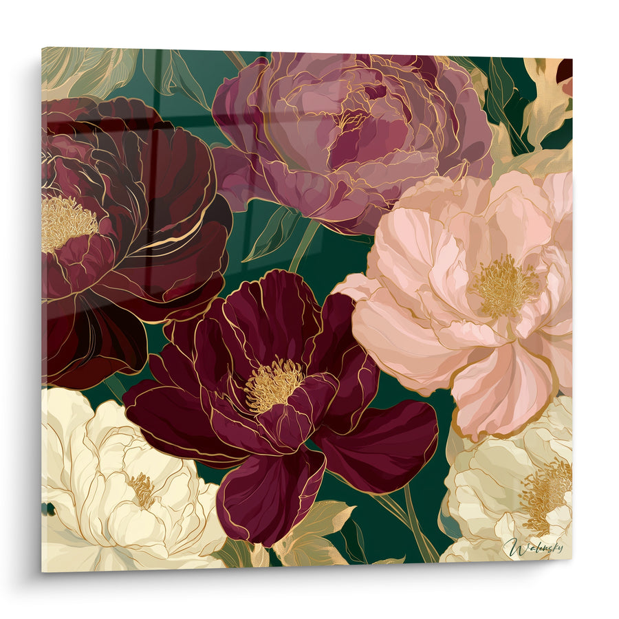 Tableau Pivoines bordeaux et ivoire aux contours filigranés - Bouquet dense fond vert - Edition Pivoine