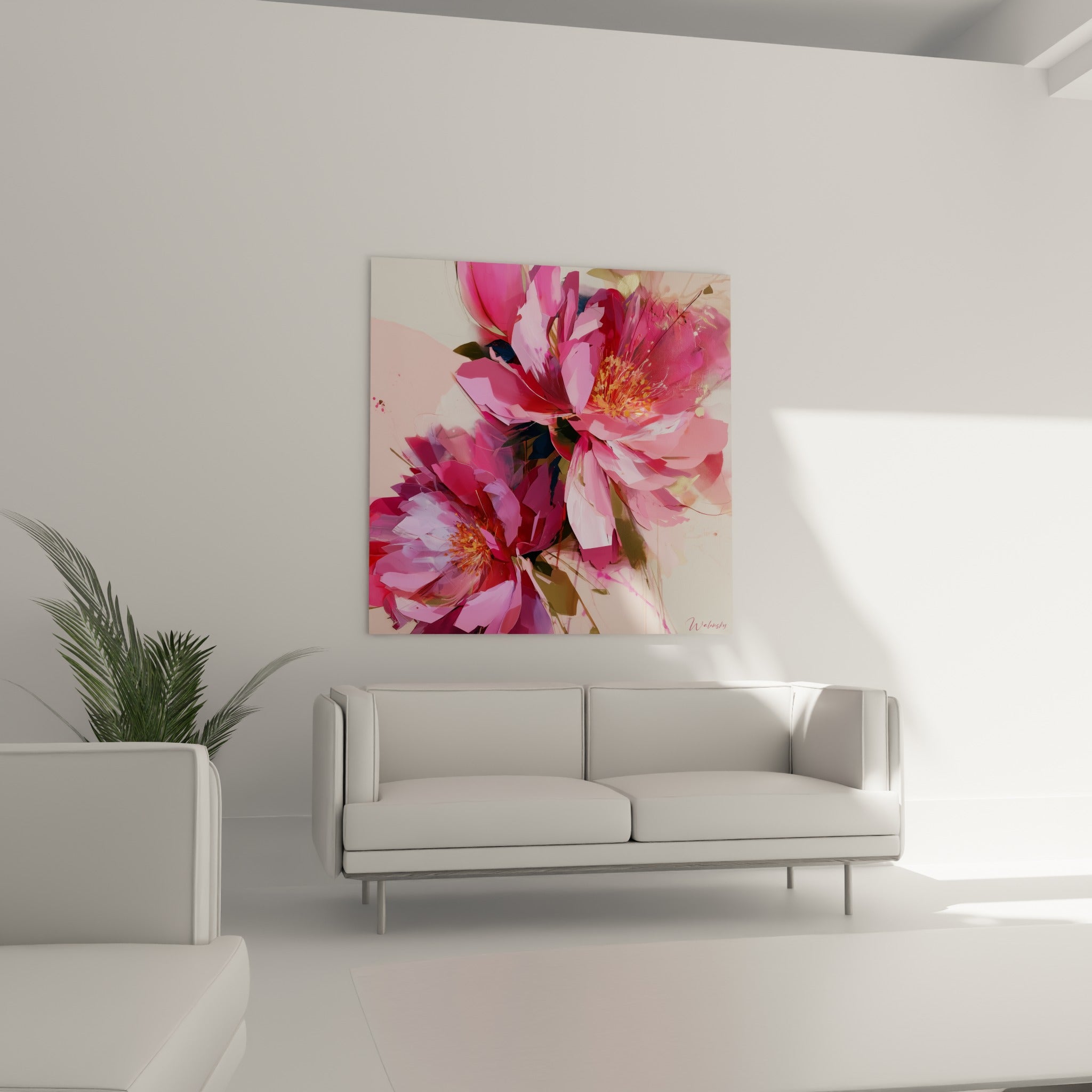 Fleurs de pivoine roses et dorées au-dessus d'un canapé dans un salon lumineux