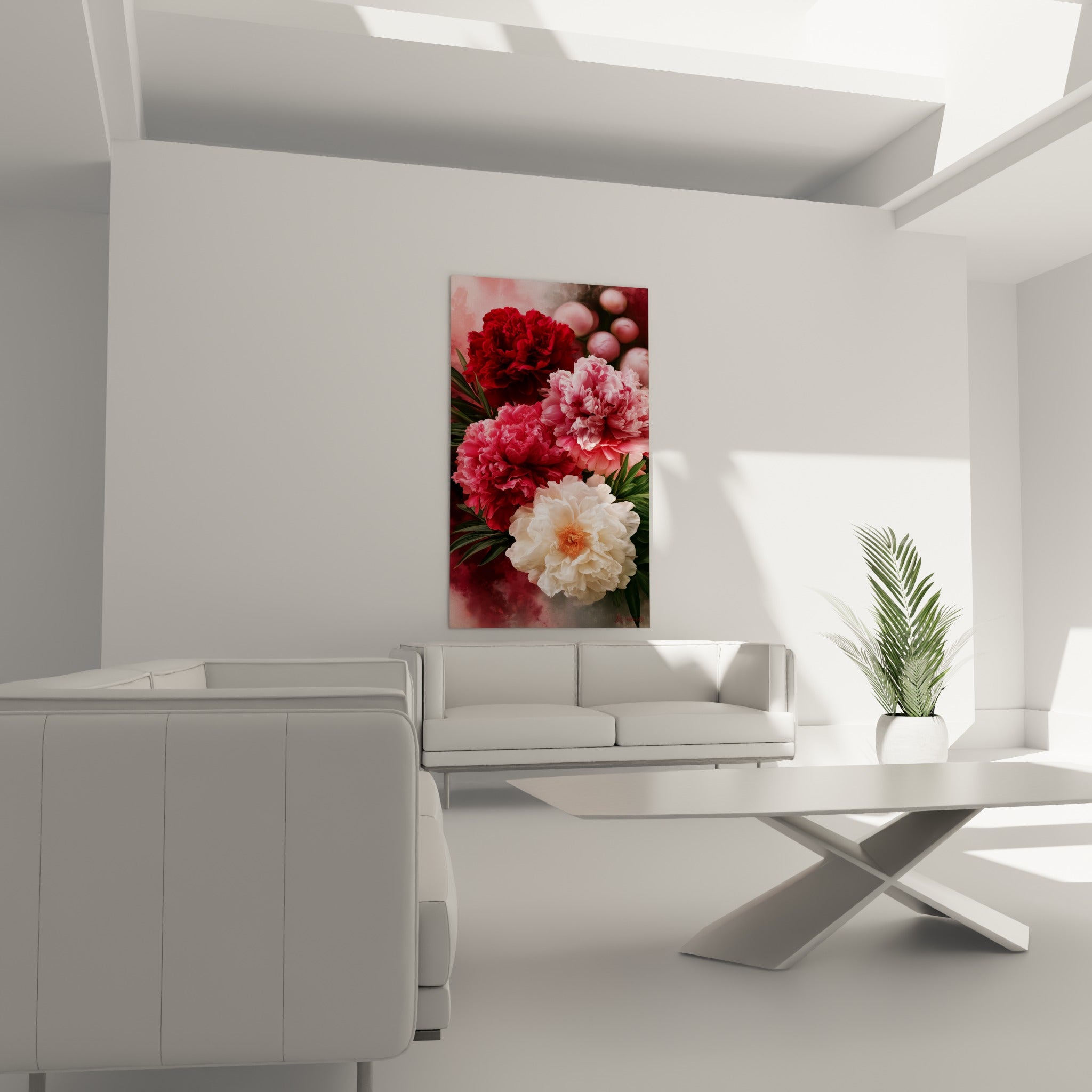 Fleurs de pivoine blanche et rouge disposées au-dessus d'un canapé dans un salon lumineux