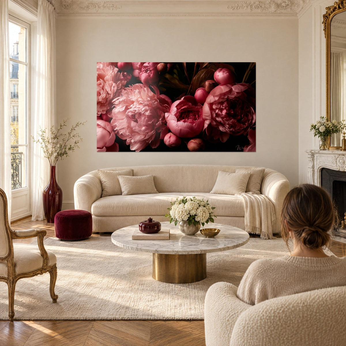 Cuadro de peonías rosas de pétalos arrugados sobre fondo oscuro, burdeos y crema, sobre un sofá en un salón luminoso