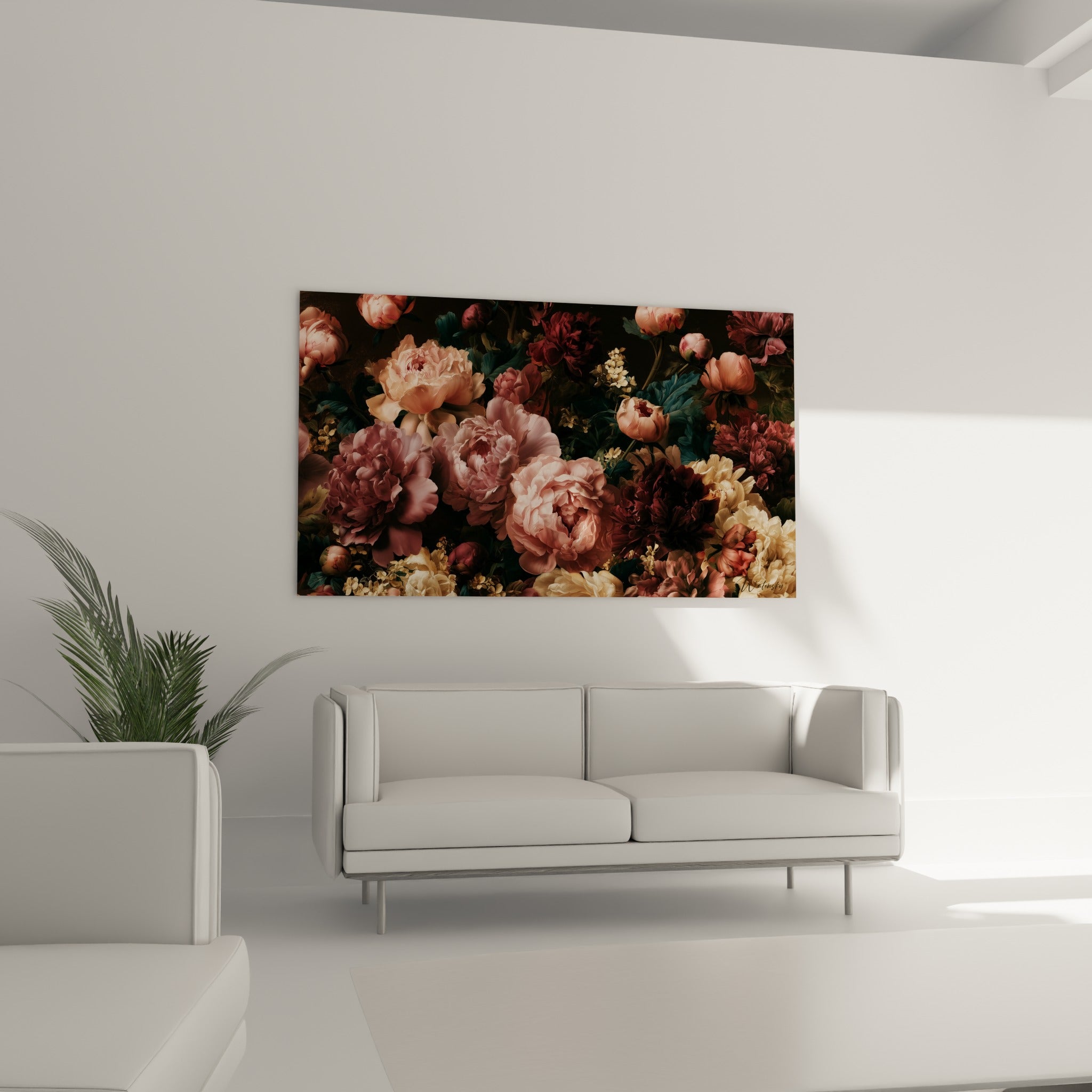 Fleurs de pivoine roses et bordeaux à la lumière tamisée, disposées au-dessus d'un canapé dans un salon lumineux