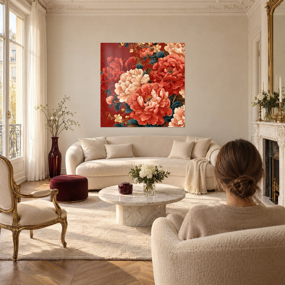 Wall art of red and ivory peonies in full bloom on a crimson background, above a sofa in a bright living room