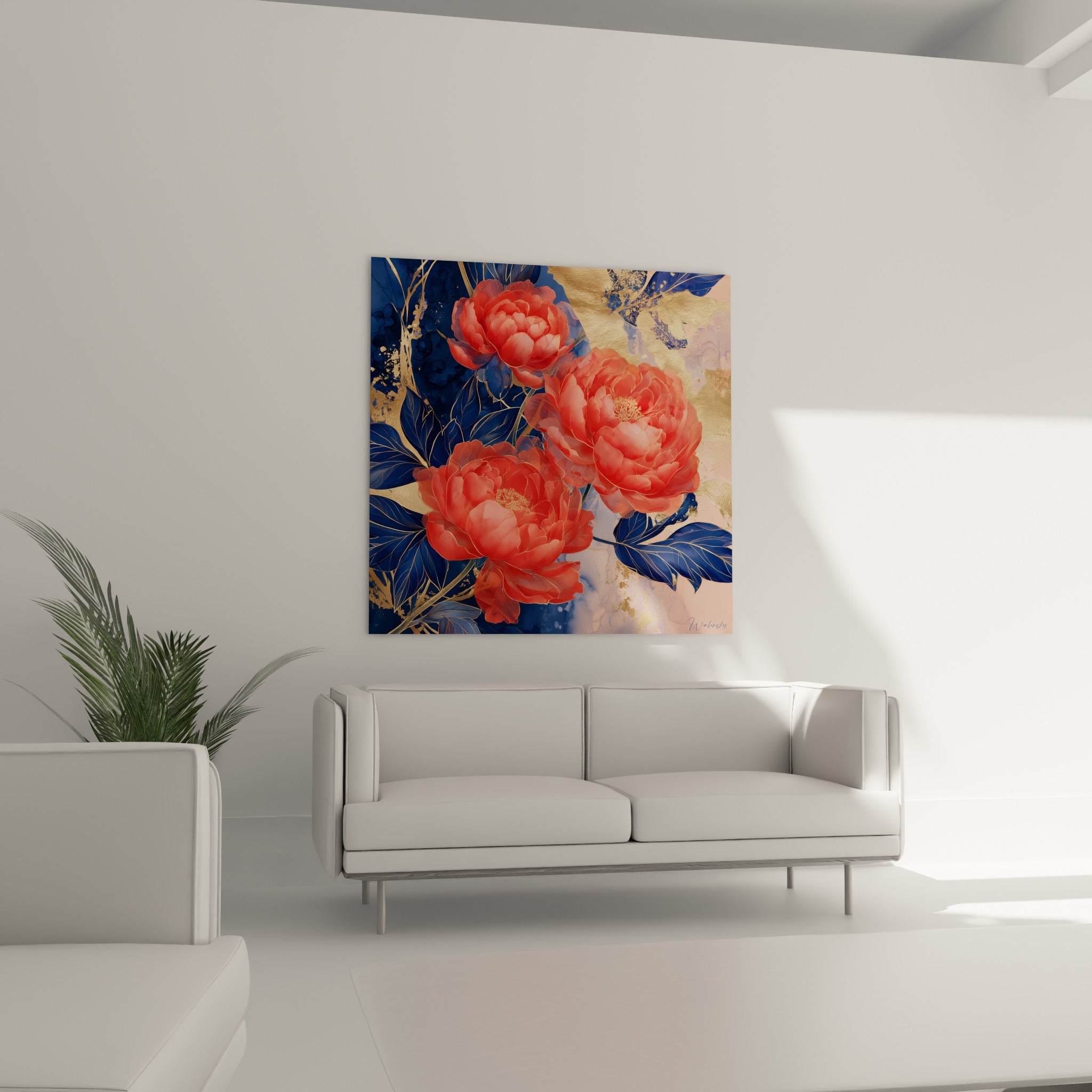 Fleurs de pivoine roses et dorées disposées au-dessus d'un canapé dans un salon lumineux.