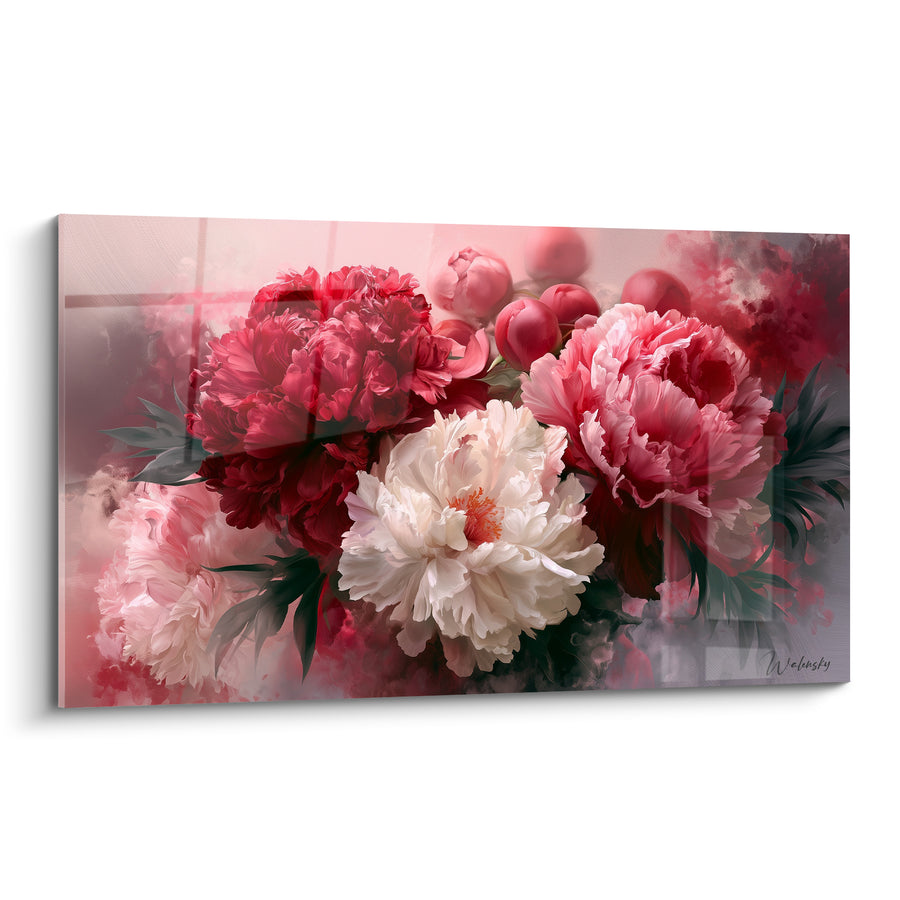 Tableau Pivoines rouge et blanche aux boutons ronds serrés - Voile brumeux rosé - Edition Pivoine