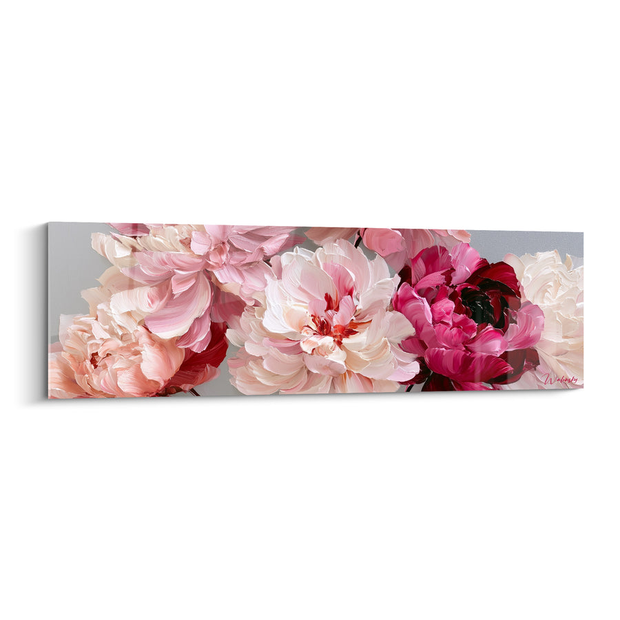 Tableau Pivoines rose et ivoire alignées sur fond gris - Rangée florale panoramique - Edition Pivoine