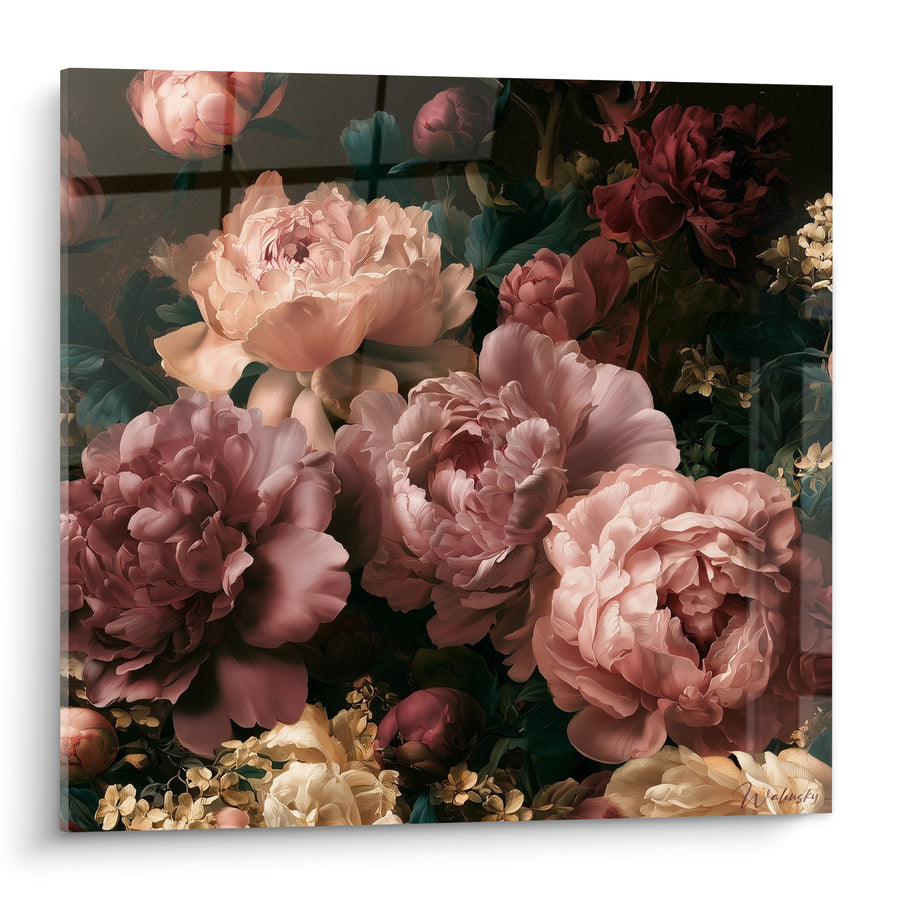 Tableau Pivoines roses et fond sombre - Élégance baroque - Edition Pivoine