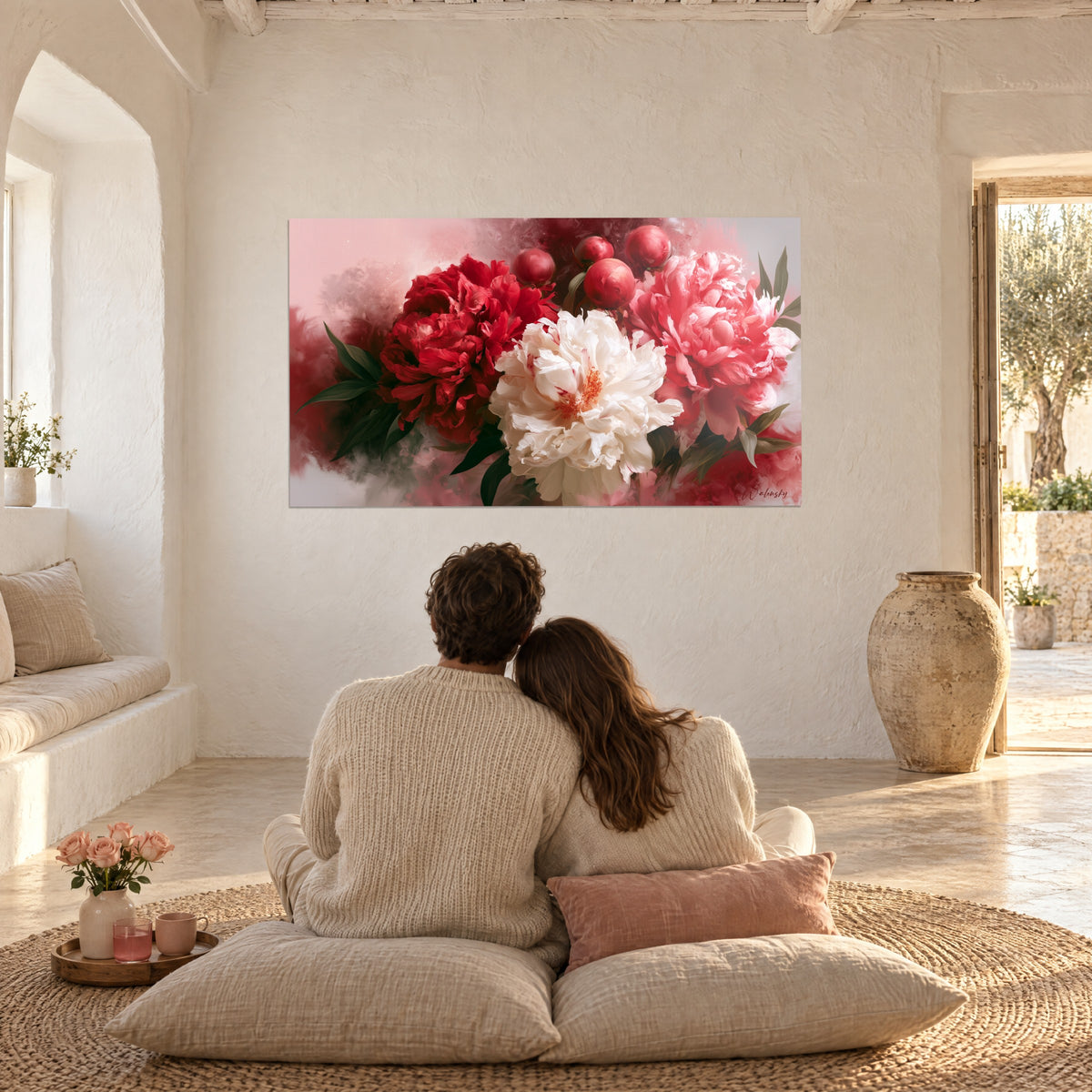 Wall art floral arrangement of red, pink and white peonies on rosy haze, viewed by a couple on linen cushions