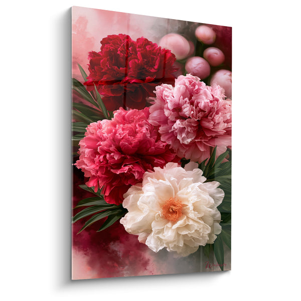 Tableau Pivoines rouge grenat et blanc crème en grappe serrée - Cœur d'étamines orangées - Edition Pivoine
