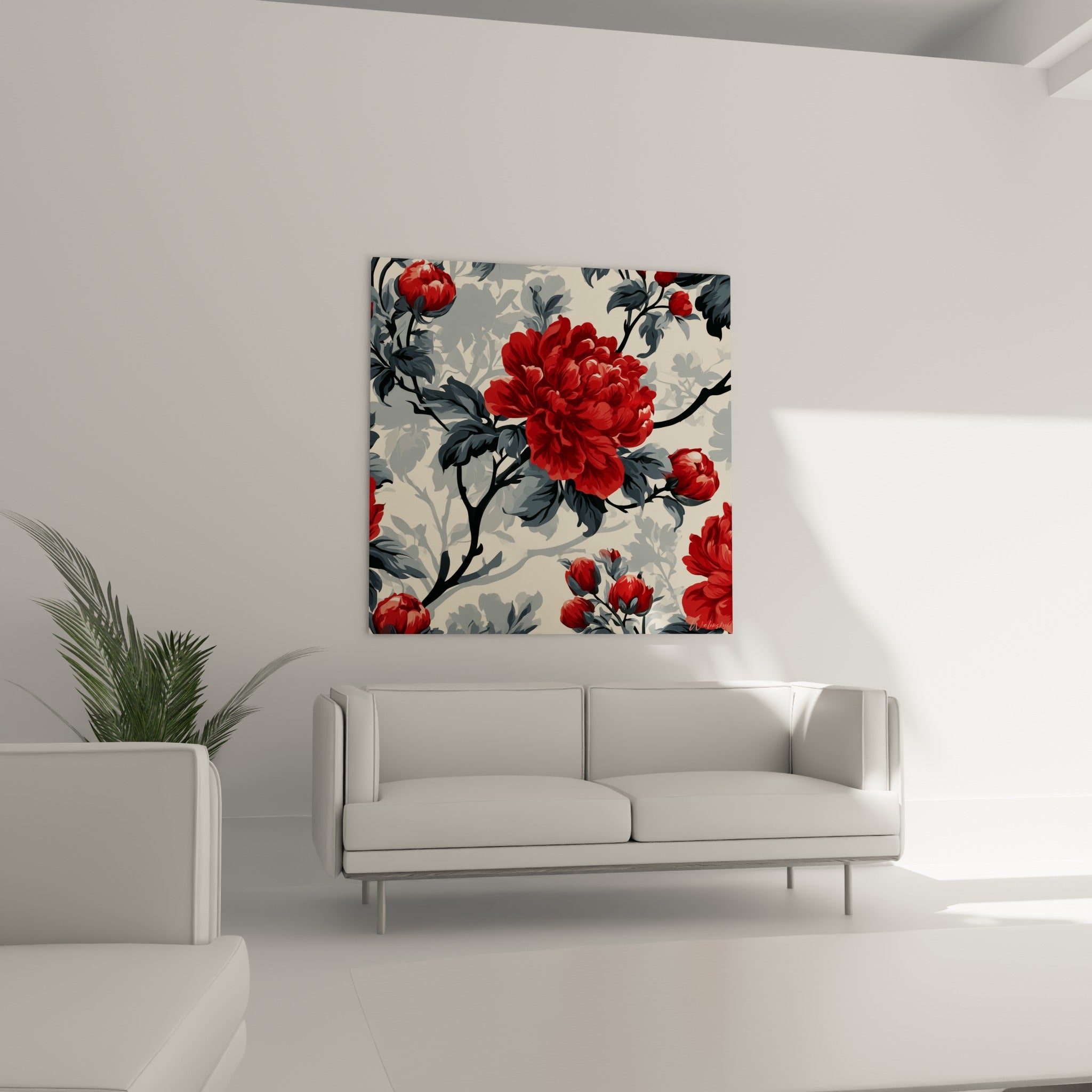 Bouquet de pivoines rouges et boutons sur fond ivoire, disposé au-dessus d'un canapé dans un salon lumineux
