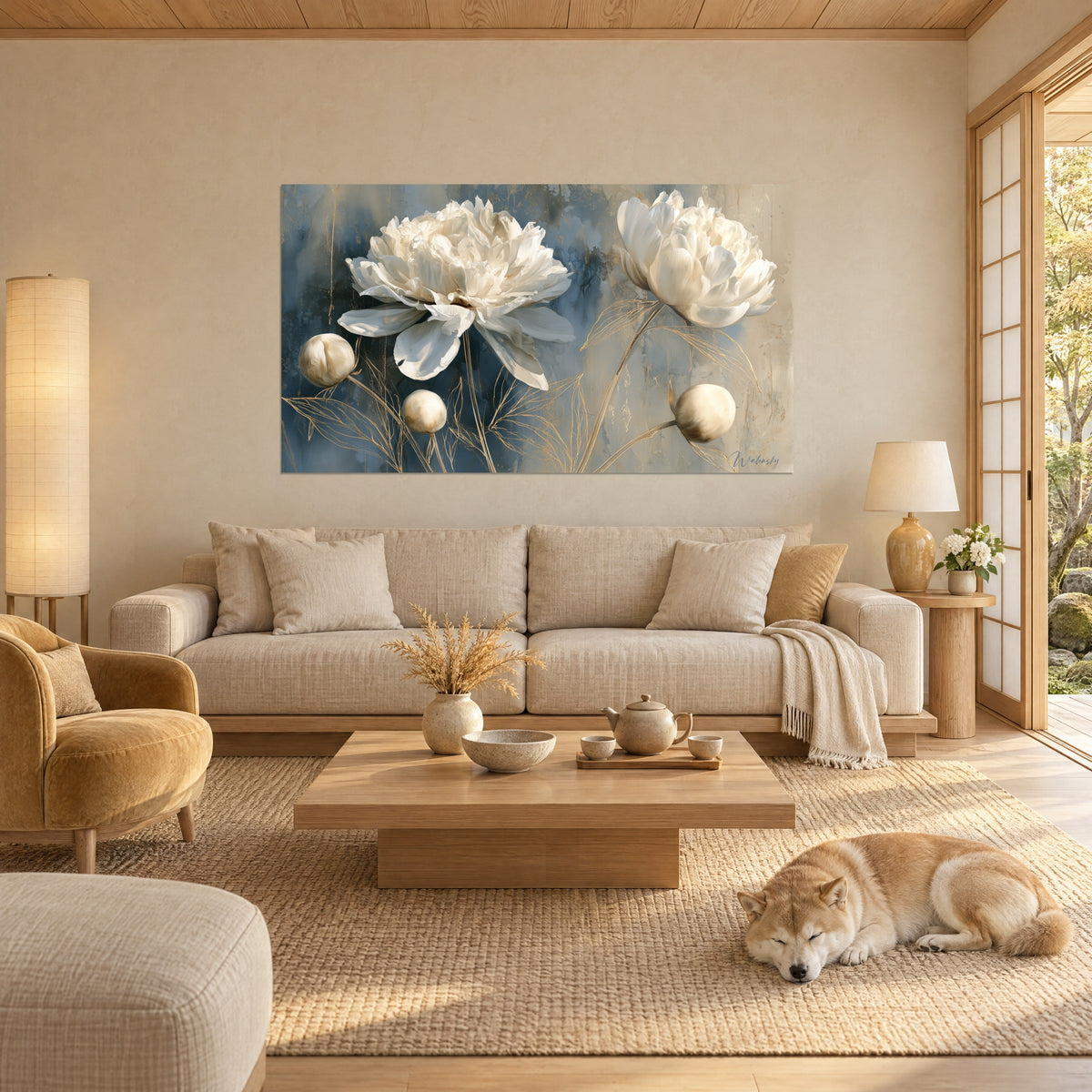 Gemälde mit elfenbeinfarbenen Pfingstrosen zwischen Schieferblau und Gold, filigrane goldene Stiele, schlafender Shiba, über einem Sofa in einem hellen Wohnzimmer