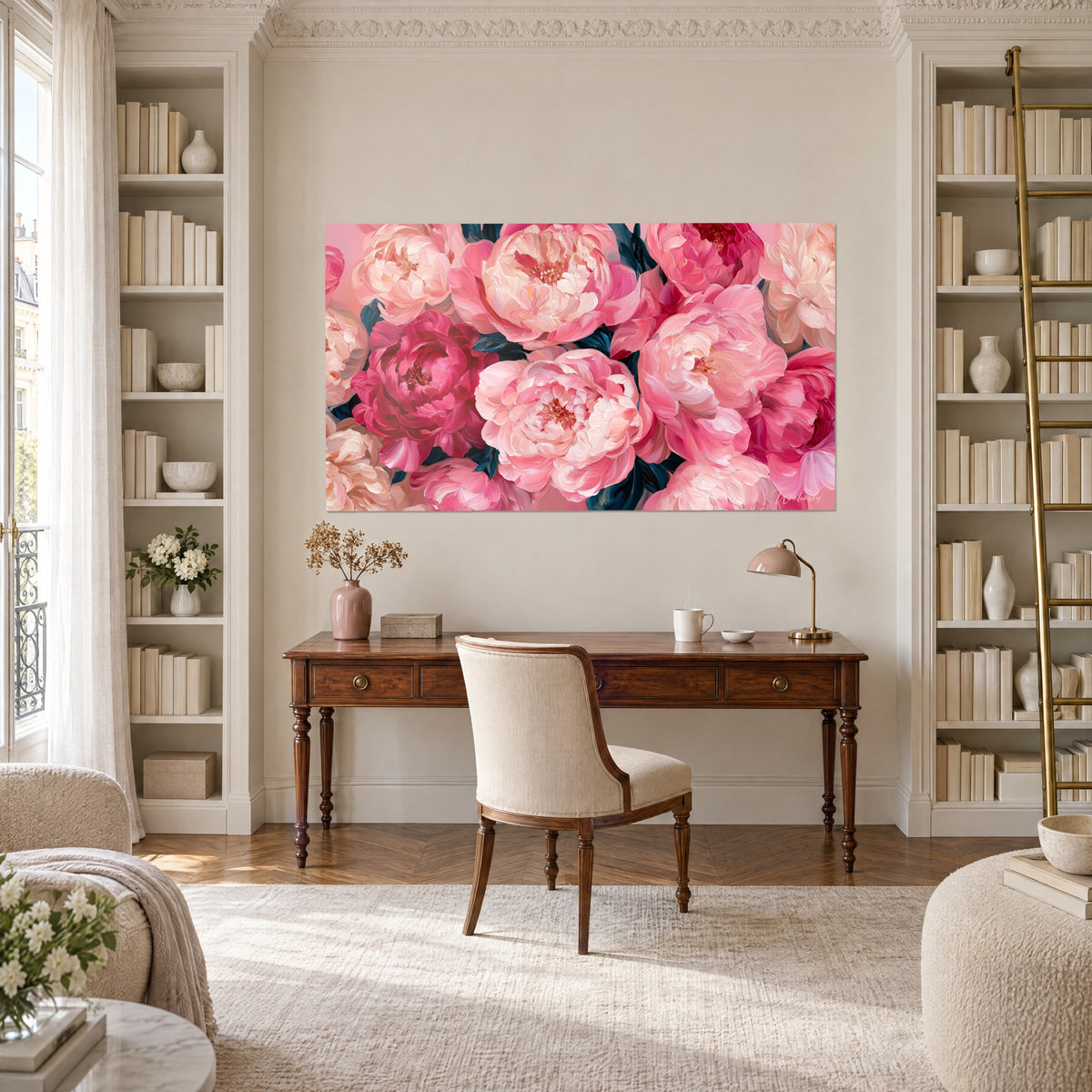 Wall art massive pink and garnet peonies, creamy petals in relief, between two white bookshelves above a desk
