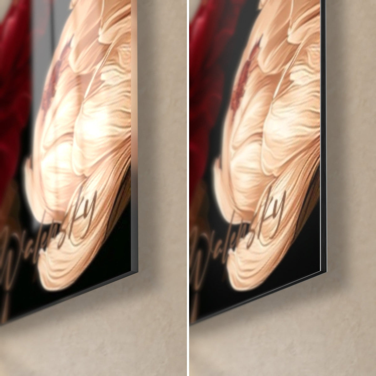Gemälde mit einer pfirsichfarbenen Pfingstrosenknospe mit zerknitterten Blütenblättern auf schwarzem Grund, untere rechte Ecke, glänzendes Acrylglas links, mattes Dibond rechts