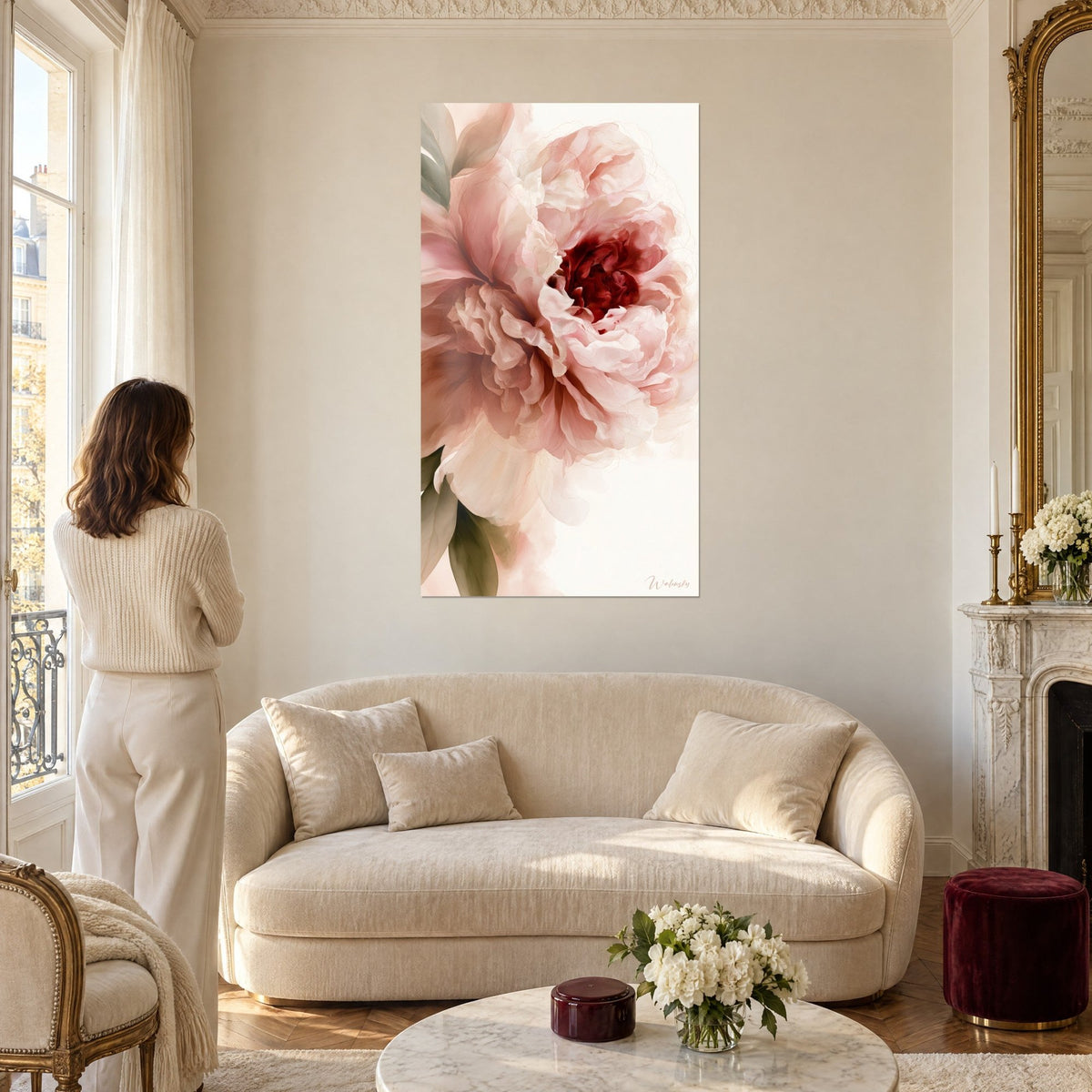 Wall art powdered pink peony with crumpled petals and burgundy heart, woman seen from behind, above a sofa in a bright living room
