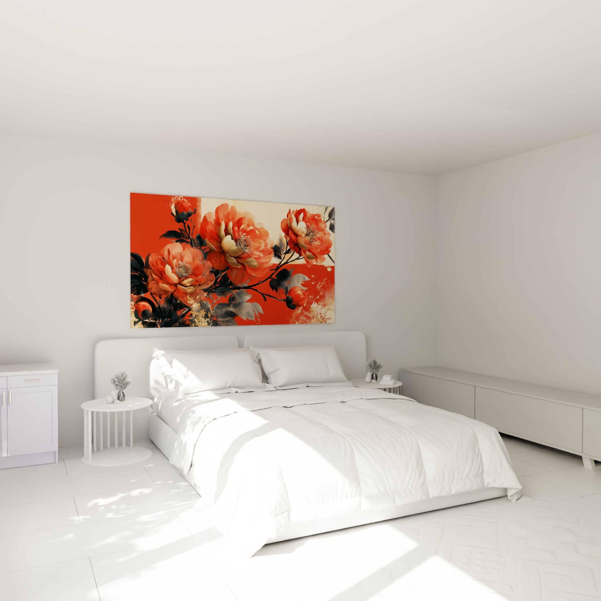 Branche de pivoines rouge corail aux cœurs dorés accrochée au-dessus d'un lit dans une chambre claire