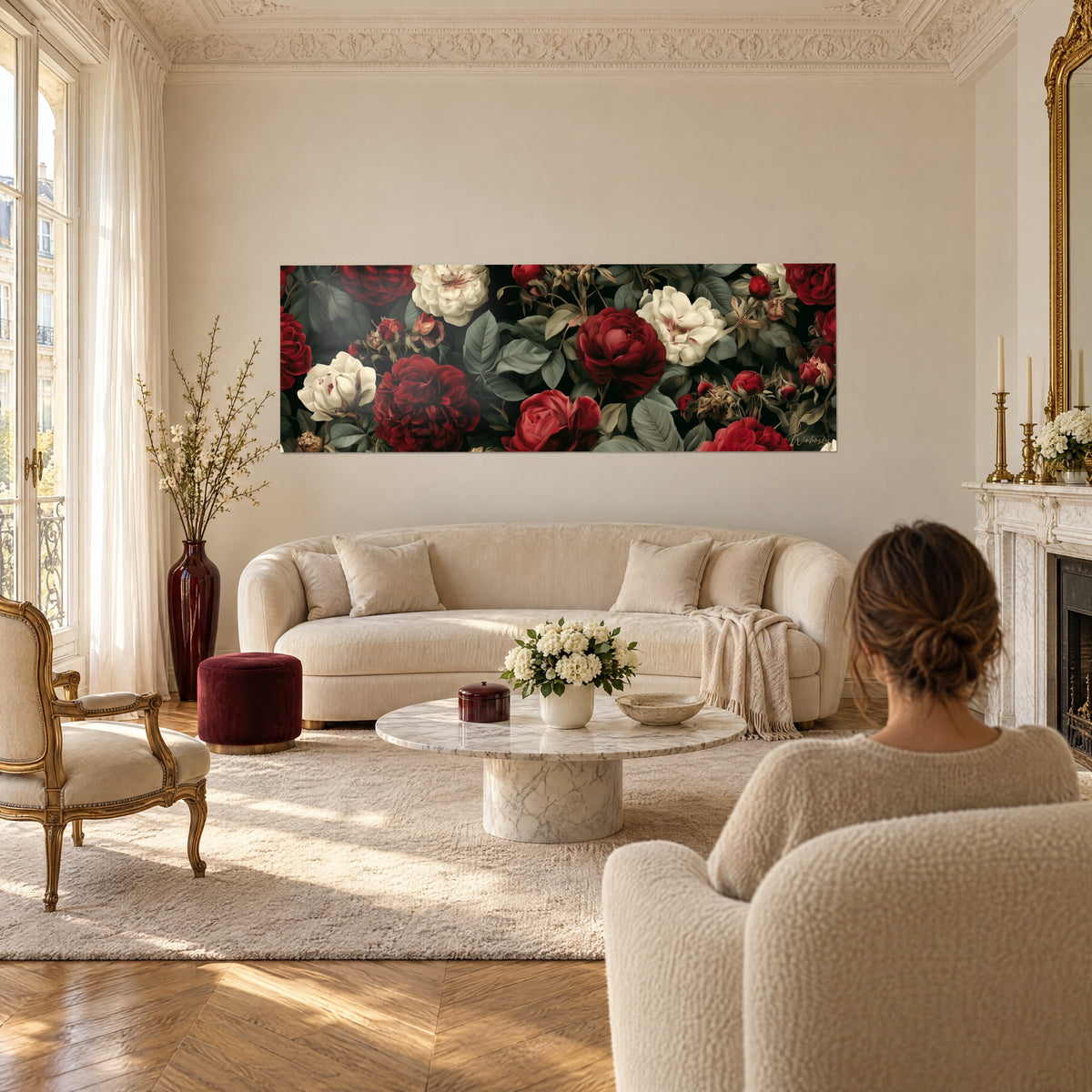 Tableau pivoines bordeaux serrées sur fond noir, feuillage vert-de-gris, au-dessus d'un canapé dans un salon lumineux