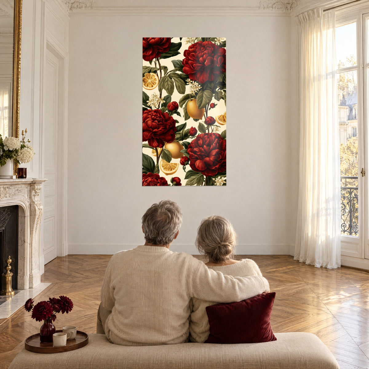 Πίνακας με floral μοτίβο από γρανατί παιώνιες και χρυσά λεμόνια, θαυμάζεται από ζευγάρι από την πλάτη σε κρεμ καναπέ, παρκέ με σχέδιο ψαροκόκκαλο