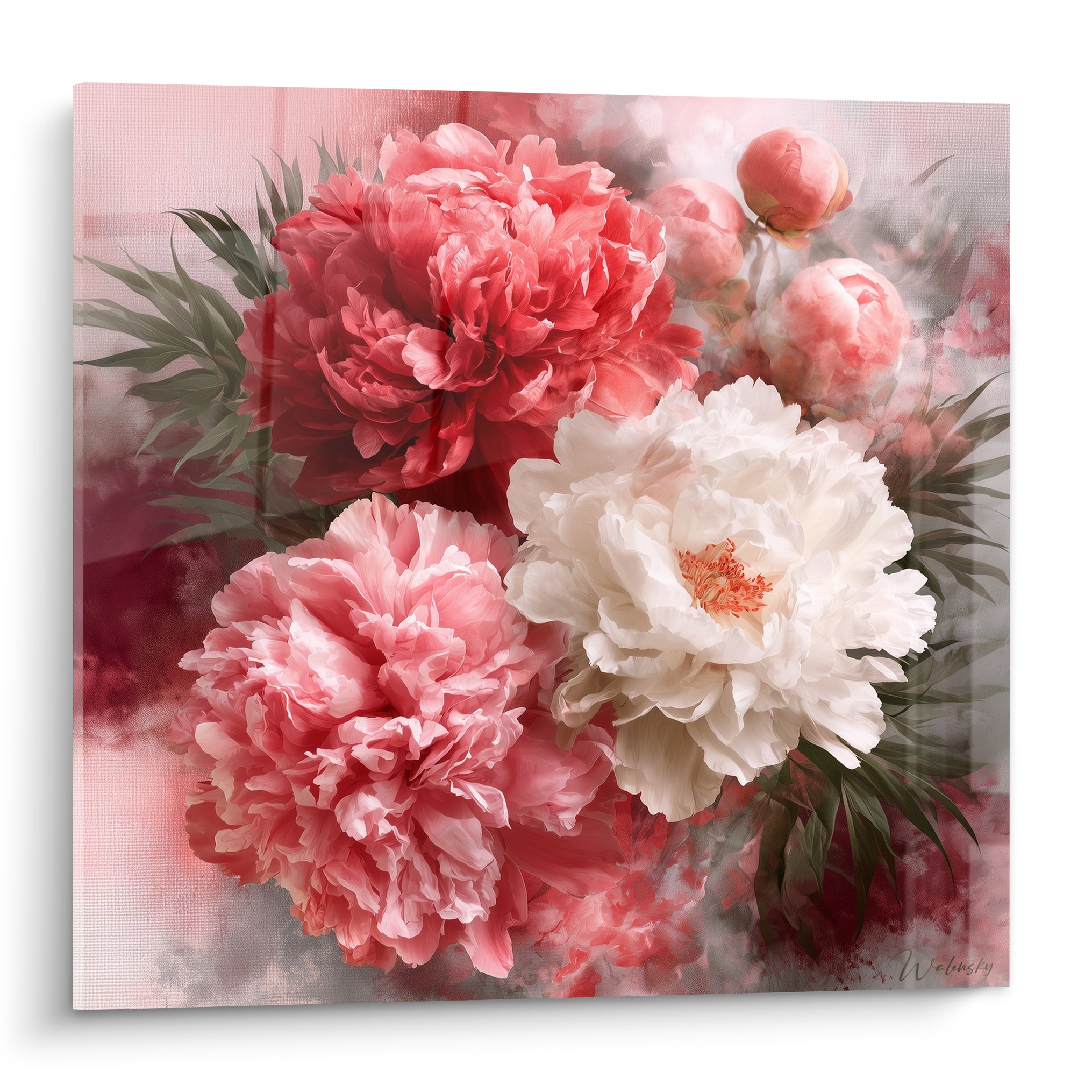 Pivoines corail et blanches en pleine floraison, pétales détaillés sur fond gris rosé vaporeux
