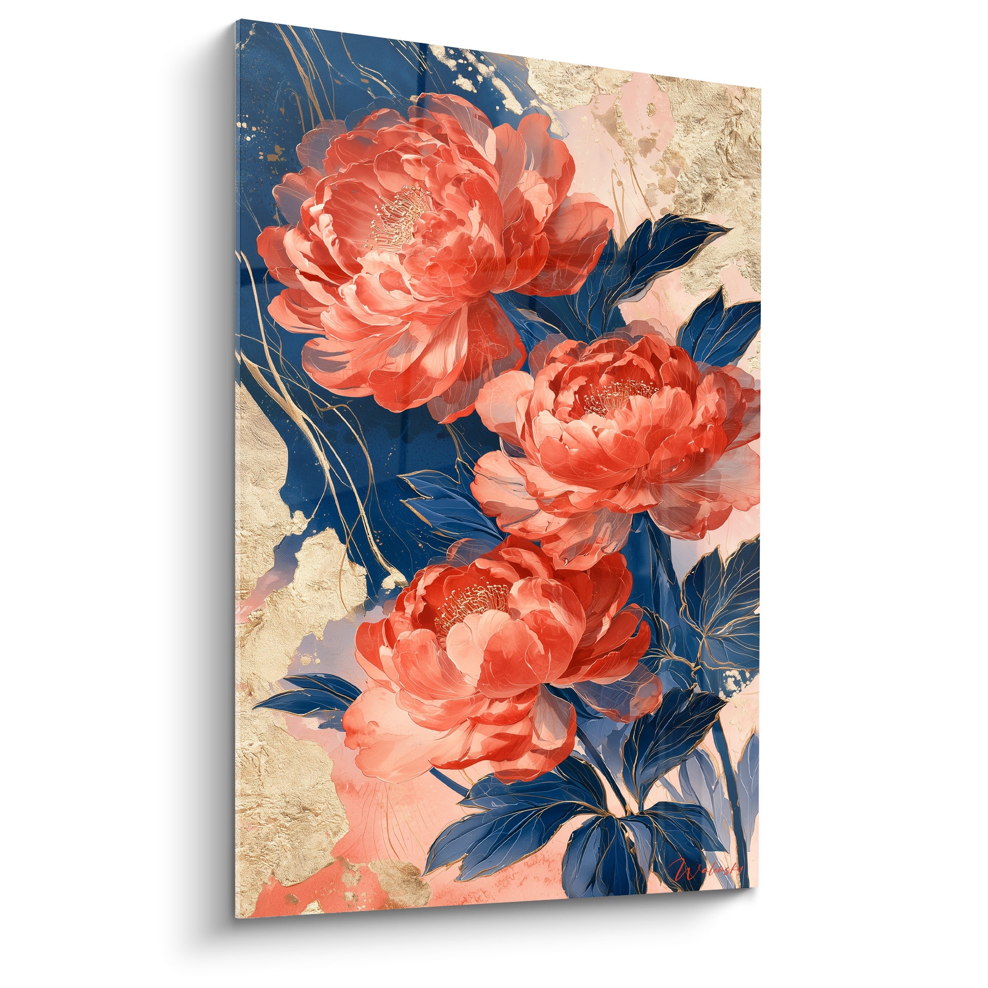 Pivoines corail aux feuilles bleu marine peintes sur fond doré et rosé texturé