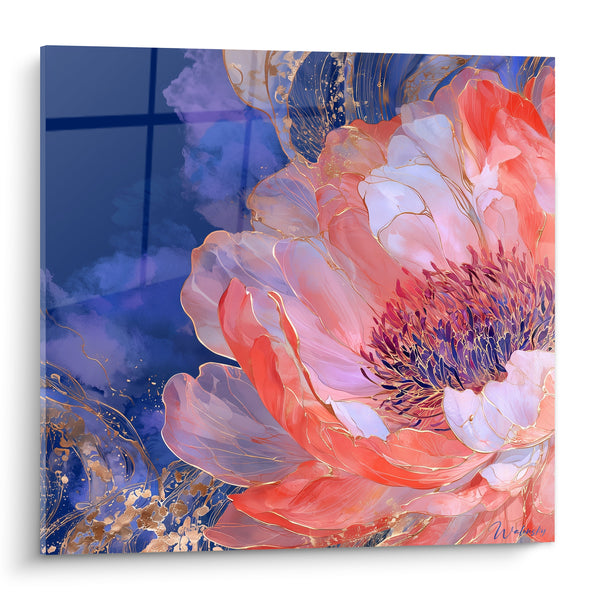 Tableau Pivoine corail et bleu marine dorée - Éclosion suspendue - Edition Pivoine