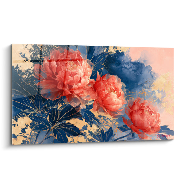 Tableau Pivoines corail et bleu marine aux éclats dorés éclaboussés - Feuilles nervurées ciselées - Edition Pivoine