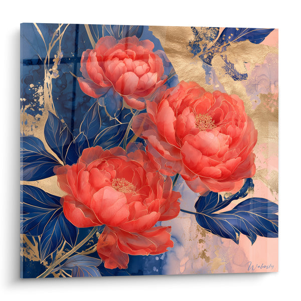 Tableau Pivoines corail et bleu marine sur fond doré éclaté - Feuilles nervurées argentées - Edition Pivoine