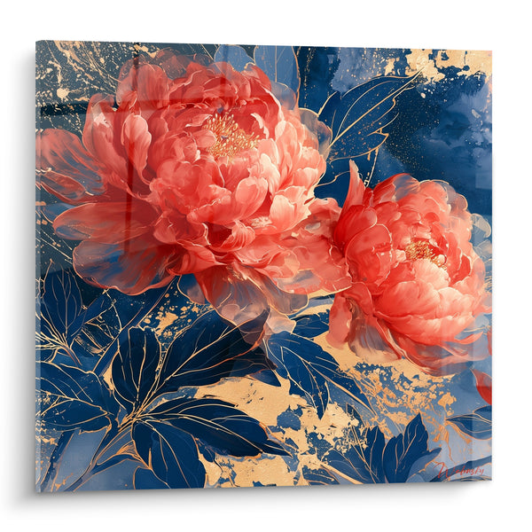 Tableau Pivoines corail et bleu marine aux éclaboussures dorées - Feuilles nervurées lumineuses - Edition Pivoine