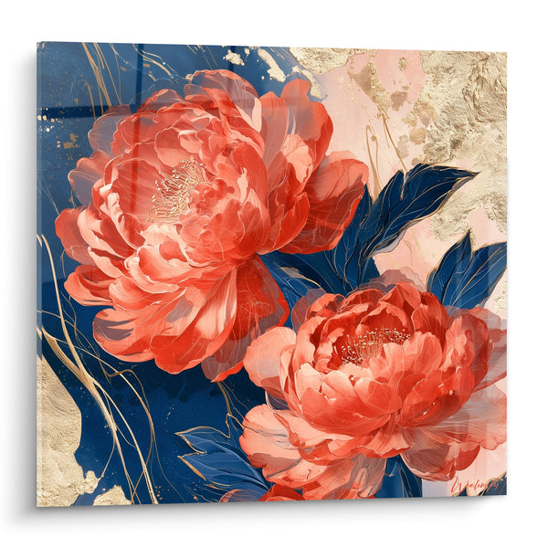 Tableau Pivoines corail et bleu marine aux tiges filandreuses - Éclats dorés texturés - Edition Pivoine