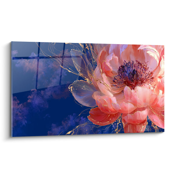 Tableau Pivoine corail et bleu marine aux volutes dorées - Cœur pourpre veiné - Edition Pivoine