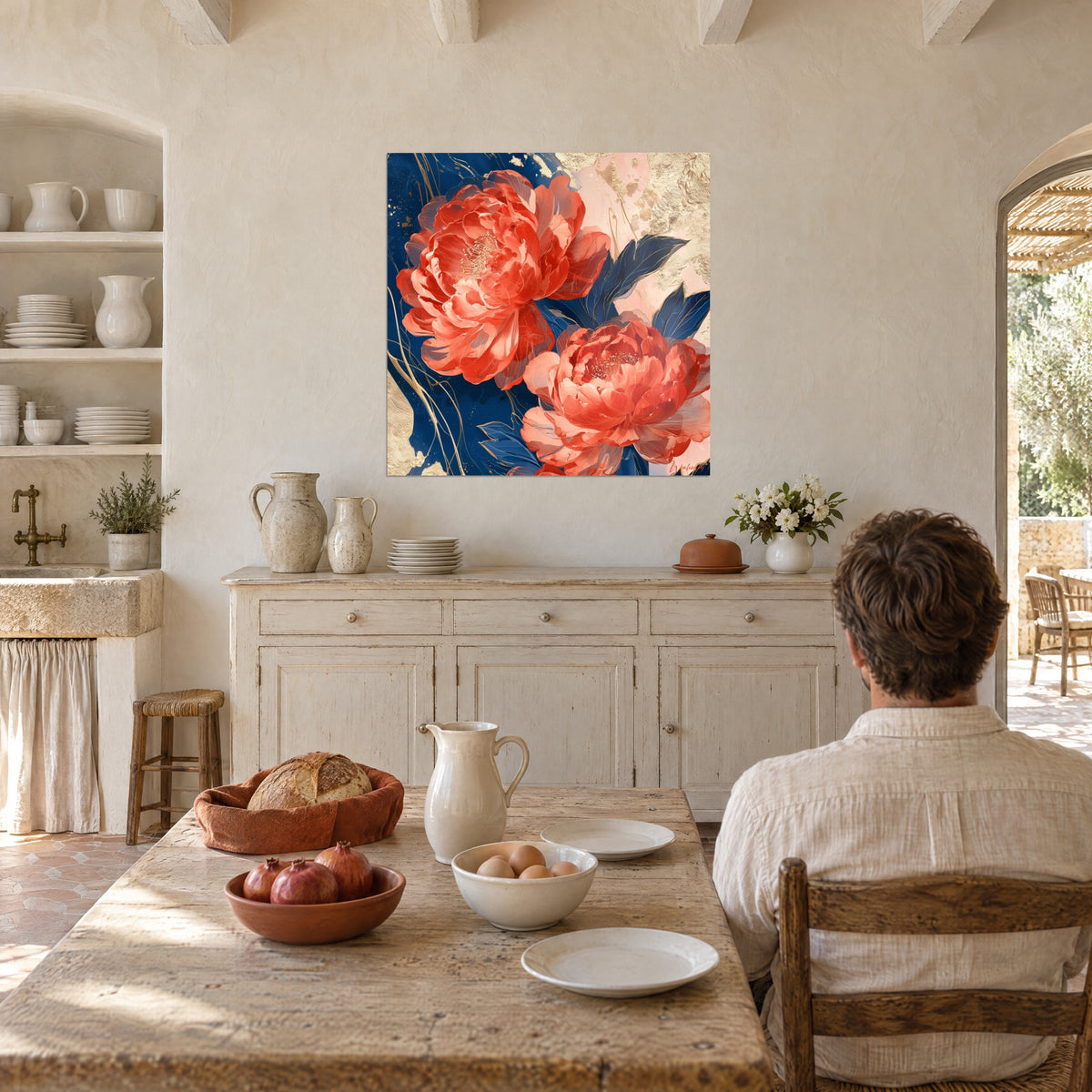 Tableau corolles de pivoines orangées et feuillage indigo veiné d'or, face à un homme de dos dans une cuisine provençale