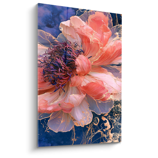 Tableau Pivoine corail et bleu marine aux étamines filandreuses - Éclaboussures d'encre dorée - Edition Pivoine