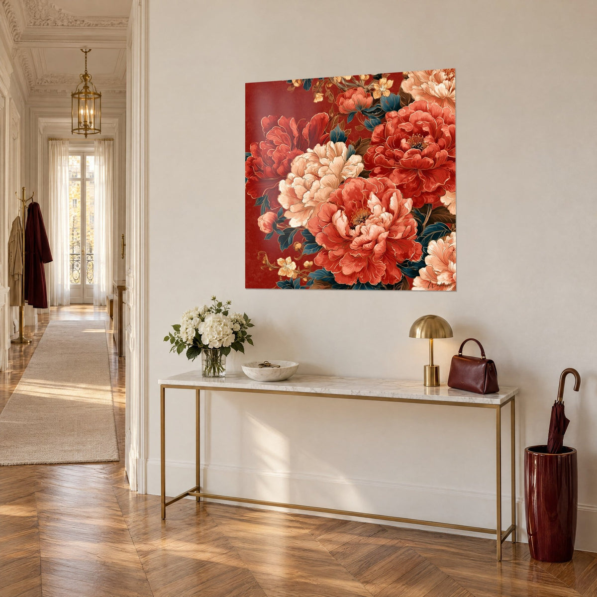 Wall art of a bouquet of large coral and cream blooms with petrol-blue leaves, on a beige wall in a Haussmann entrance hall